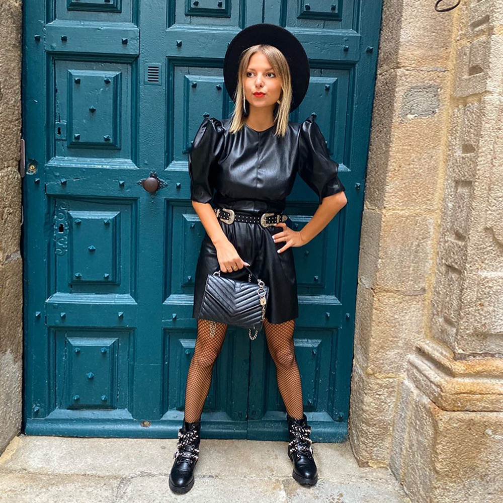 Puff Sleeve Dresses Girls Vintage O Neck Spring PU Leather Dress 2020 New A-Line Party Night Black Tight Dress Streetwear T200519