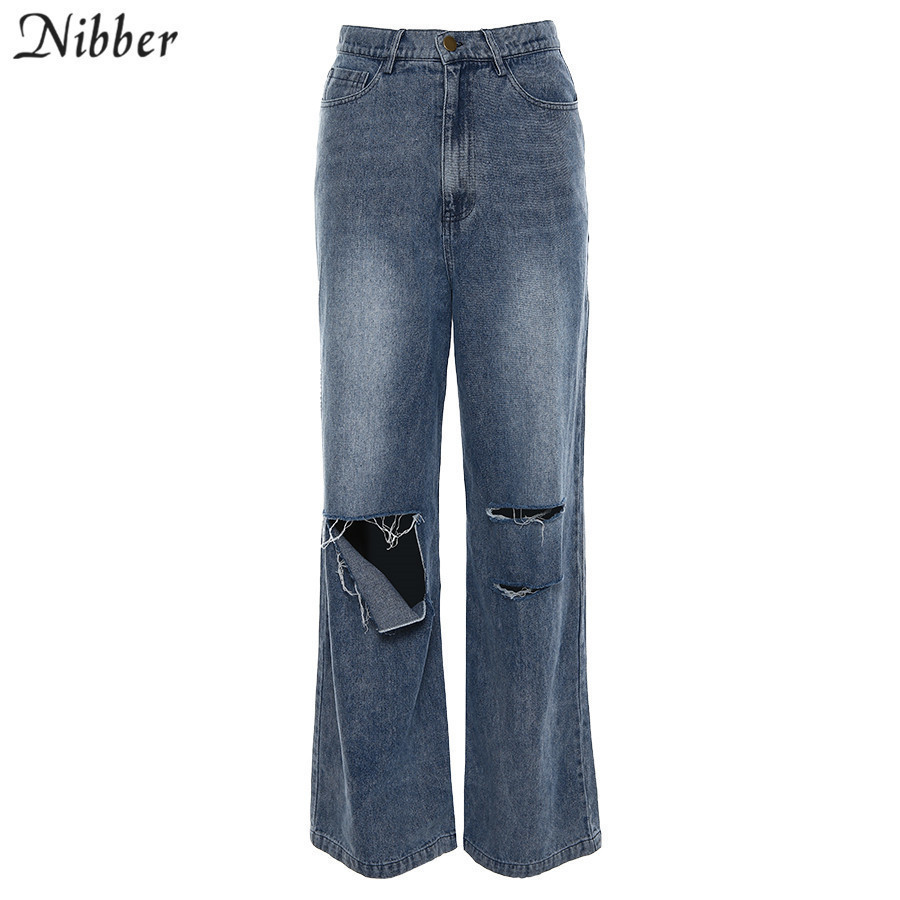 Nibber Autumn Winter Harajuku Hollow Denim pants Womens hot pure leisure loose Slim Flare Pants mujer Hip hop Denim pants T200223