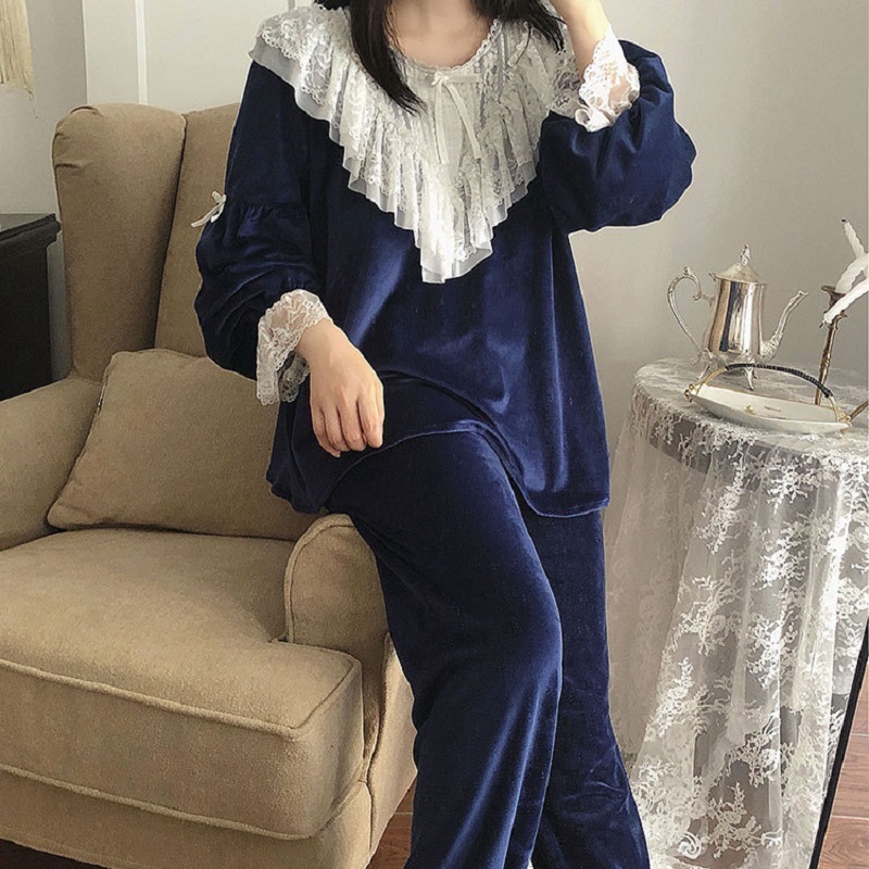 High Quality Thick Bright Velvet Women's Pajamas Sets Autumn Winter Vintage Sweet Female Flannel Pyjamas Long Sleeve Sleepwear 201113