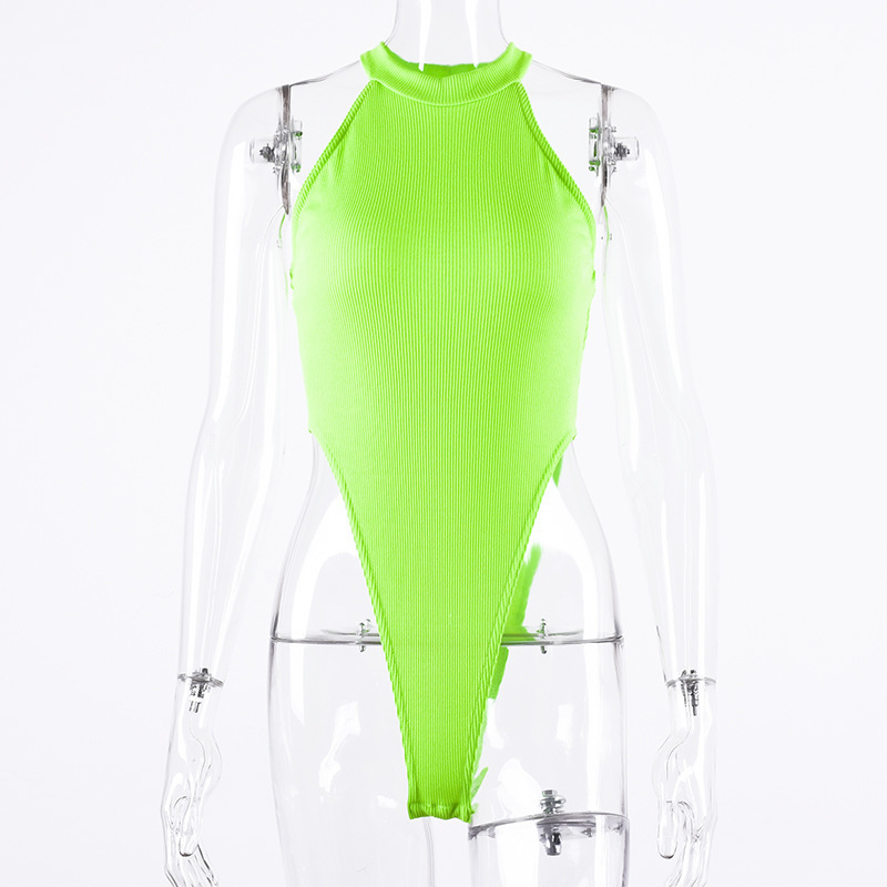 Nadafair Ribbed Neon Halter Bodysuit 2019 Skinny Sexy Summer Romper Bodysuit Women Orange High Neck Sleeveless Black Body Female T200116