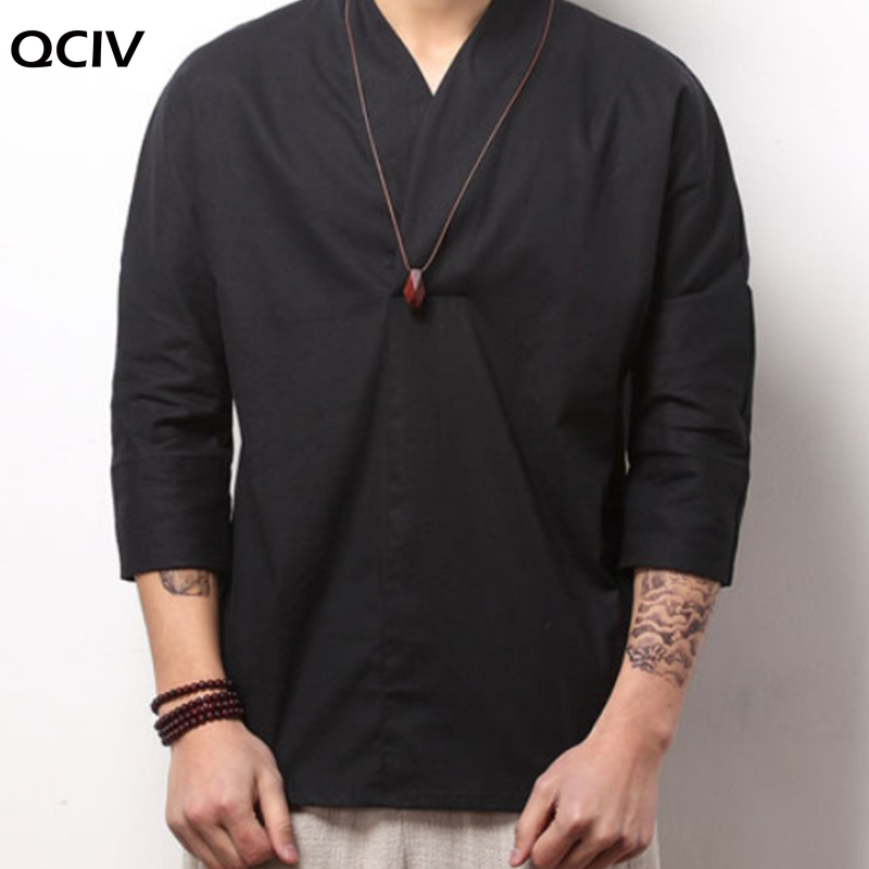 Kimono Summer Blue/White/Black Cotton Linen Shirt Men Chinese Style Retro V-Neck Linen Blouse Thin Vintage Tee Shirt
