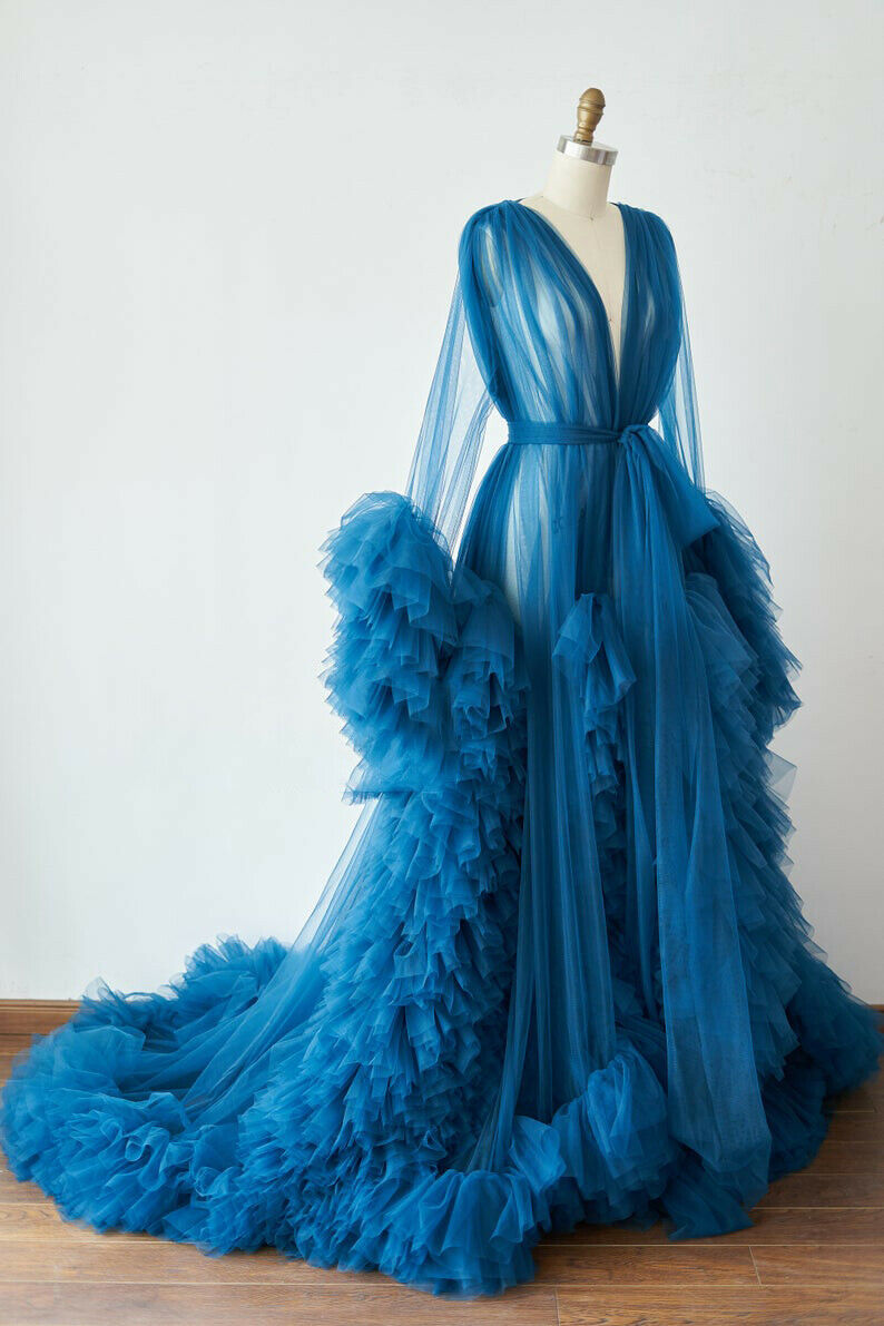 Dark Blue Tiered Skirts Maternity Gowns Long Sleeves Ruffles See Though Bridal Sleepwear Bathrobes Nightgowns Robes Women Dress Kimono