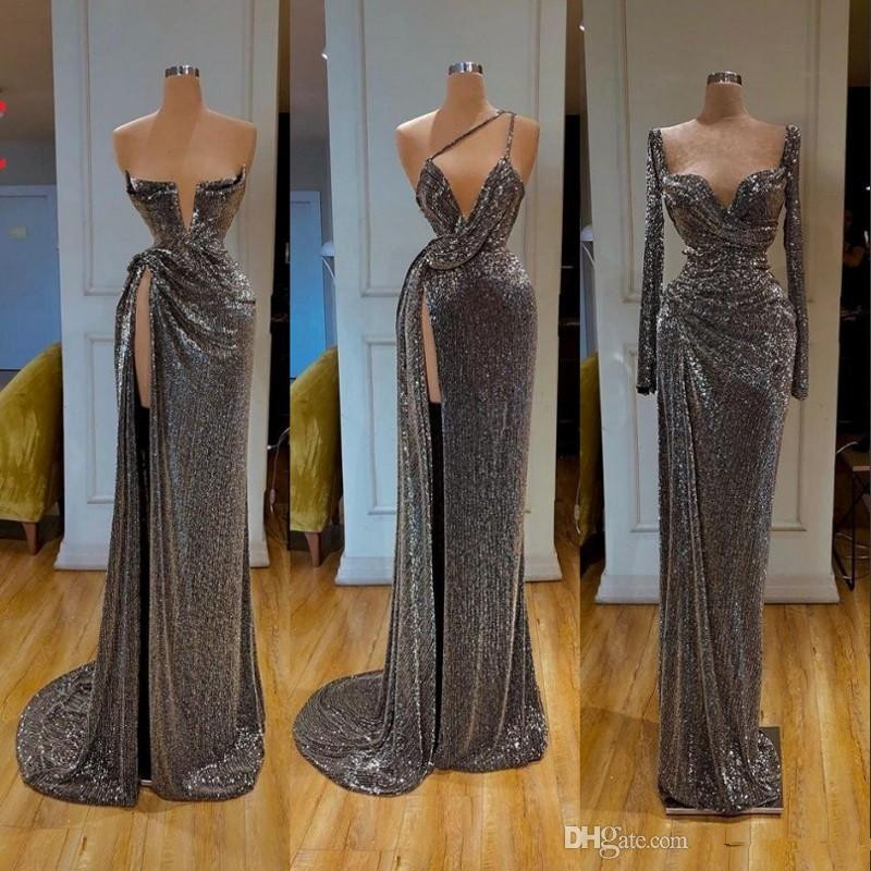 Glitter Sliver Evening Dresses Sexy Side Split Bling Sequins Mermaid Prom Dress Fashion Sweep Train Custom Made Robe De Soirée
