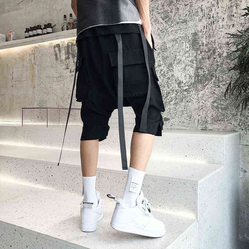 Multi Pockets Ribbons Cargo Shorts Mens Harajuku Hip Hop Drop Crotch Short Pants Korean Style Casual Shorts W220214