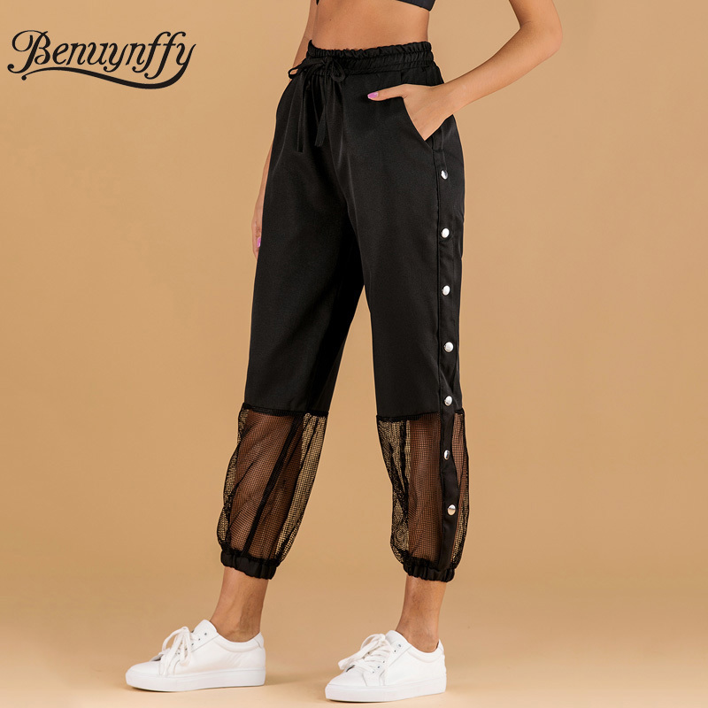 Benuynffy Black Side Button Cargo Pants Women Spring Summer Mesh Patchwork Ladies Casual Trousers Pocket Tie Waist Capris Pants T200606