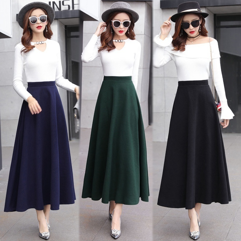 High Waist Woolen Skirts Womens Winter Fashion Streewear Wool Long Pleated Skirt With Belt Casual Ladies Saia Longa Black T200301