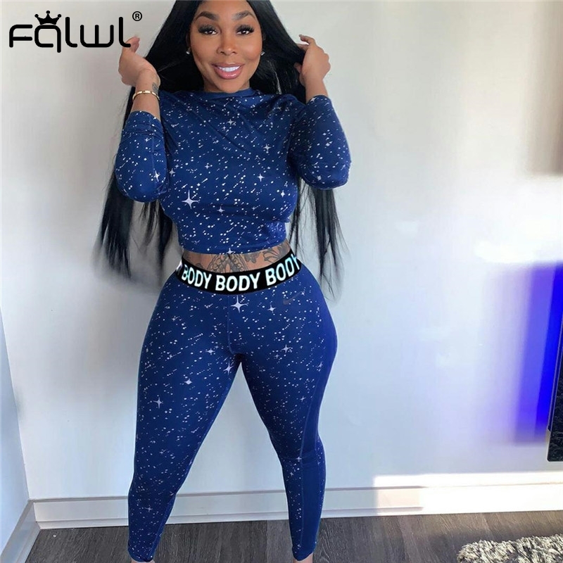 FQLWL Star Print Autumn Two 2 Piece Set Women Outfits Long Sleeve Crop Top Leggings Women Matching Sets Ladies Tracksuit Female 201007