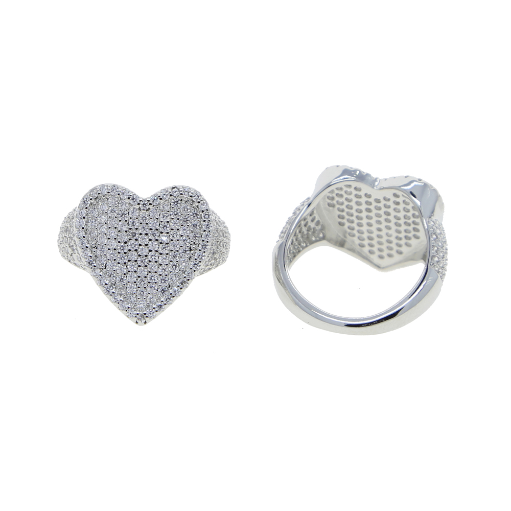 Drop Ship Bling Full Cubic Zircon Silver Color Ring Iced Out Micro Pave 5A Cz Heart Lovely Hip Hop Punk Rap Women Jewelry