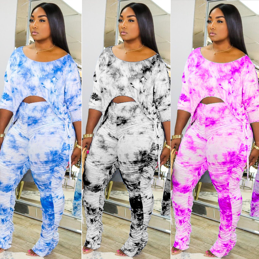 Two-piece fashion women's tie-dye hip-lifting slim-fit pleated micro-flared pants