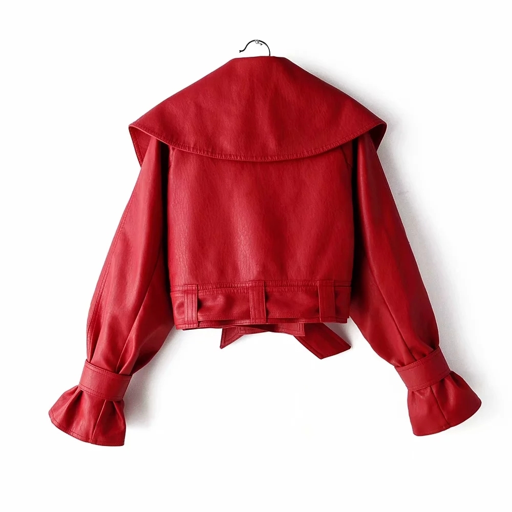black Red faux leather jacket women biker jacket long sleeve short coat streetwear pu outwear fall winter 201030