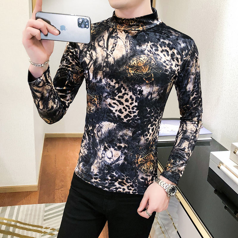 2020 Velvet Fall Luxury Male Shirt Aqit, Coffee tiger head