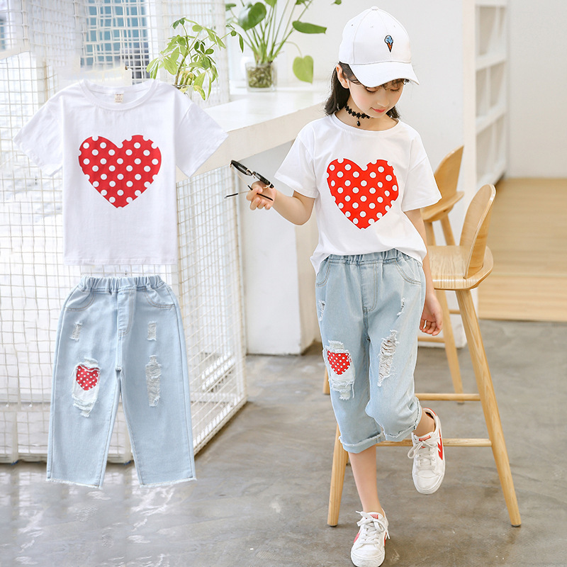 Kids Summer Clothes Set for Girl White T Shirt And Ripped Jeans Children Outfits 6 8 10 12 Years Girls Clothing SuitsX1019