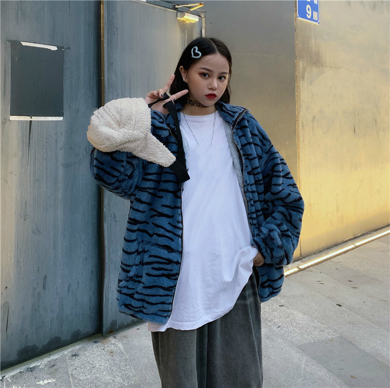 Harajuku Retro Winter Warm Coats Women Fashion Plush Zipper Pocket Jackets Zebra Striped Parka Outwear Coats 55454 201019