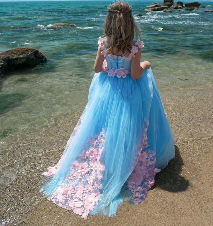 Princess Appliques Flower Girl Dress Color Matching Blue&Pink Custom Made Birthday Gowns Back Lace Up Pageant First Communion Dresses