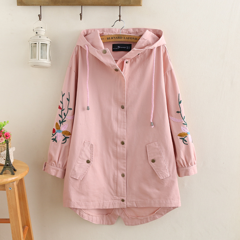 Plus Size Women Trench Coat 2019 Spring Loose Hooded Pocket Zipper SevenPoint Sleeve Embroidered Windbreaker Female Outerwear T200810