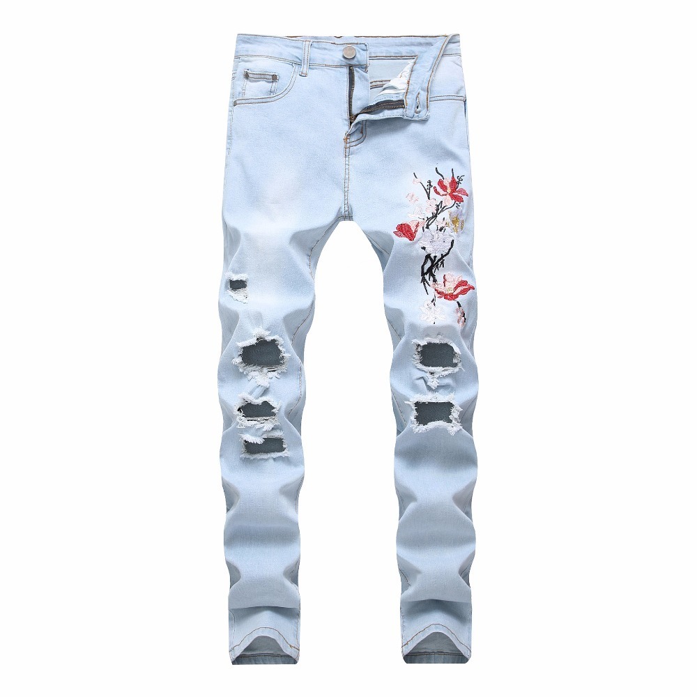 QUANBO 8 Colors Mens Ripped Jeans Fashion Embroidery Rose Men Jeans Light Blue Slim Fit Stretch Denim Pencil Pants 42 201128