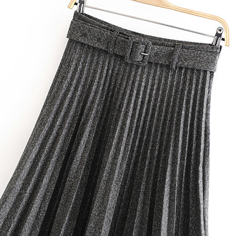 Women Pleated Skirt Autumn Winter High Waist Belt Solid Color Zipper Lady Skirts Elegant Female Saias Loose Mid-length Skirt T200113