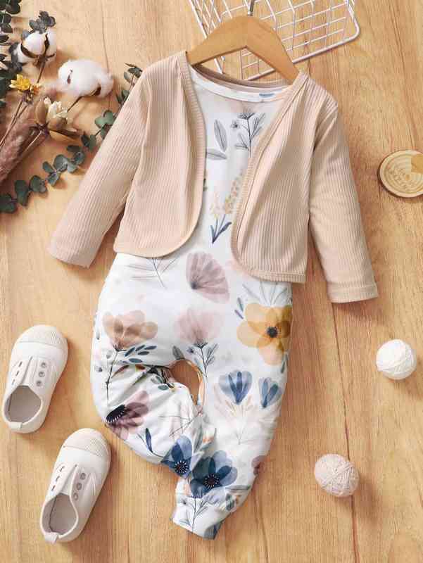 Baby Floral Print Jumpsuit & Open Front Jacket SHE