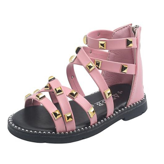 Girls Sandals 2022 Summer Children Gladiator Roman Sandals Rivets Classic Kids Beach Shoes Zipper Soft Leather Comfortable 21-30