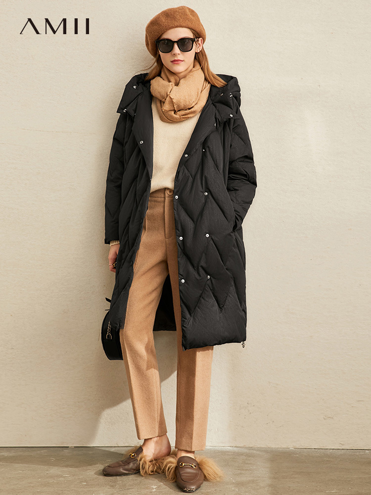 Amii Warm Fashion Down Jacket Winter Women Solid Hooded Long Sleeve Female Thick Down Coat Top 11940597 201030