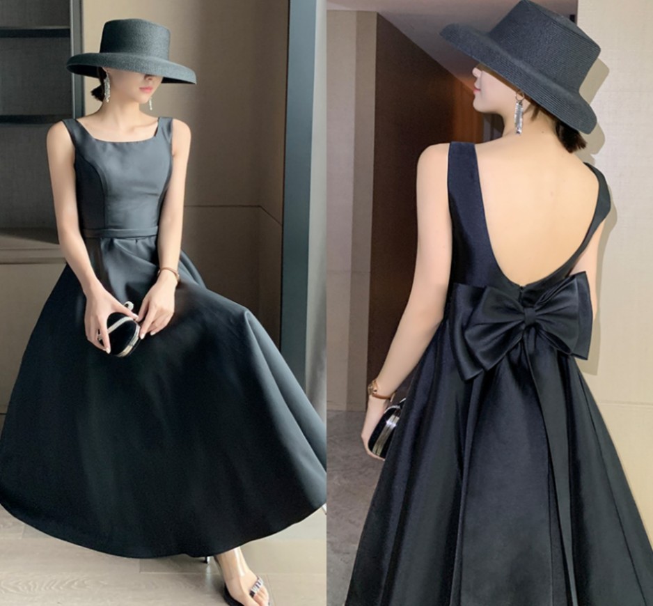Black A-line Ankle Length Prom Dresses Abendkleider Dubai Backelss Formal Party Dress Bow Satin Simple Evening Gown robe de soiree 2022