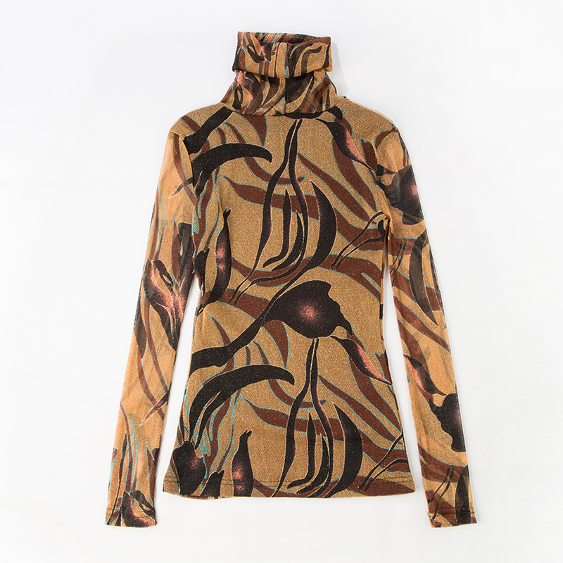 Blusas Mujer 19 New Autumn Women Clothes Tops Bright Silk Casual Long Sleeve Turtleneck Printed Blouse Women Shirts 7696 50 201028
