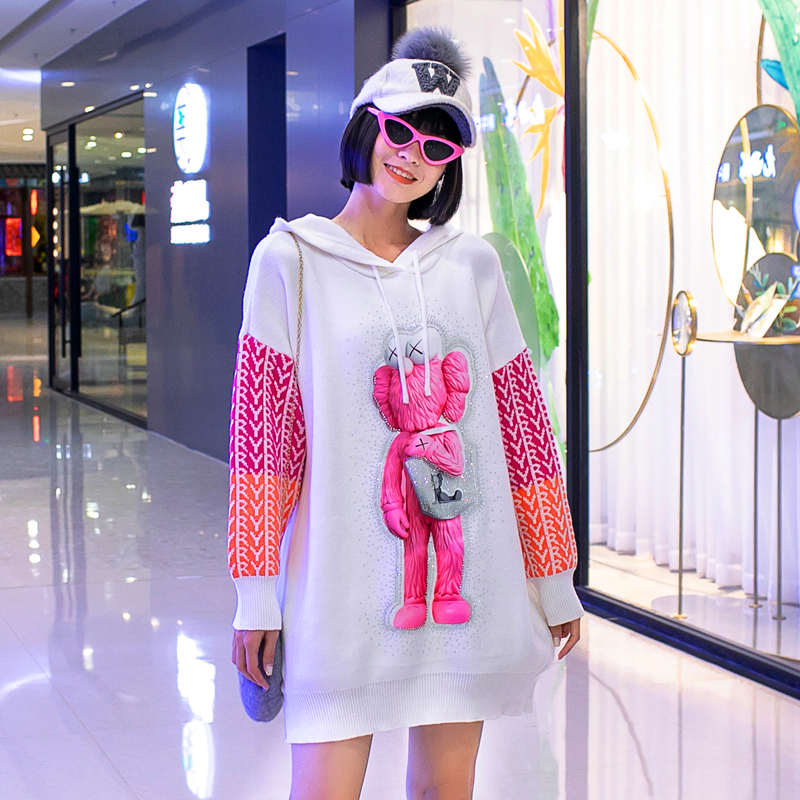 Vefadisa Diamond Cartoon Print Women Sweater Autumn Winter Thick Plus Size Patchwork Coat Hooded Pullover Knitted QYF4318 201223