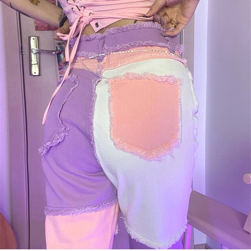 hip hop autumn patchwork Jeans women High waist Hip hop straight Jeans ladies trousers female denim for woman BluePink 201106
