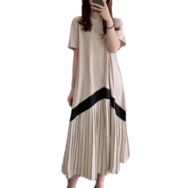 REALEFT Women Casual Pleated Long Dresses Short Sleeve O-Neck High Waist Color Patchwork Striped Print Dresses for Ladies T200416