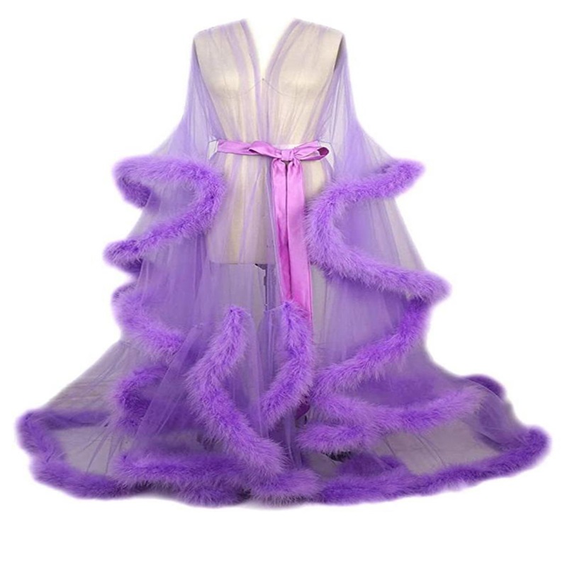Real Image Wedding Bathrobe Long Sleeves Feather Sleep Wear Custom Made Pajamas Sexy Illusion Tulle Wedding Robe Nightgown