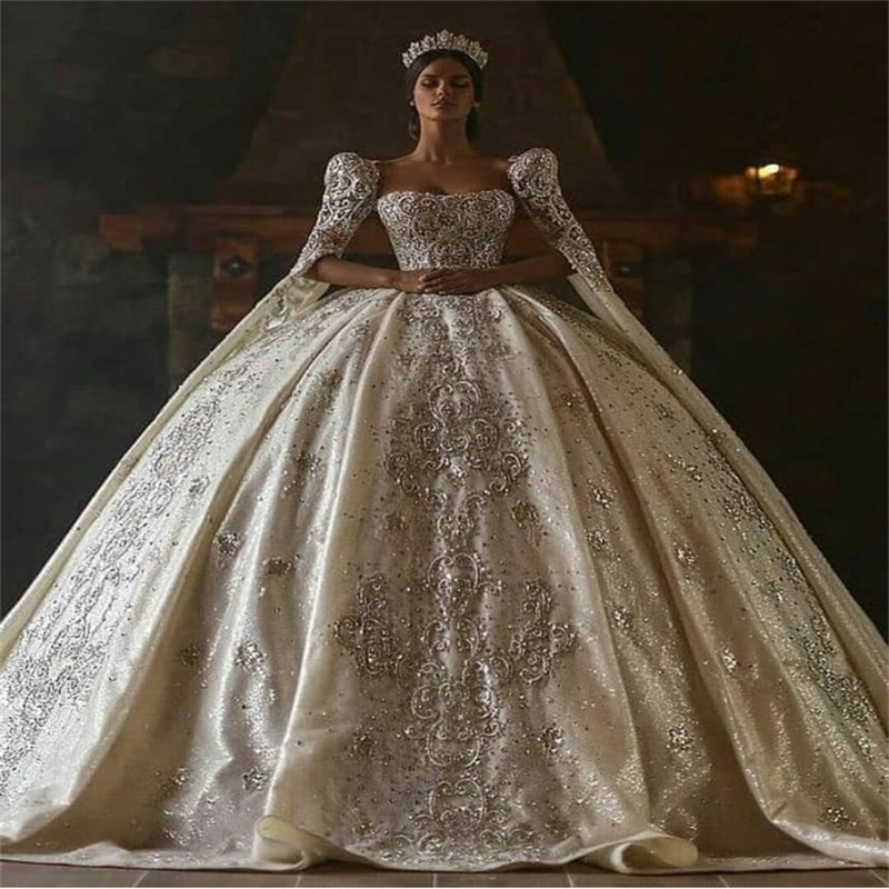 Real Image Ball Gown Wedding Dresses Luxury Long Sleeves Appliqued Crystal Sequins Beads Bridal Gowns Dubai Custom Made Vestidos De Novia