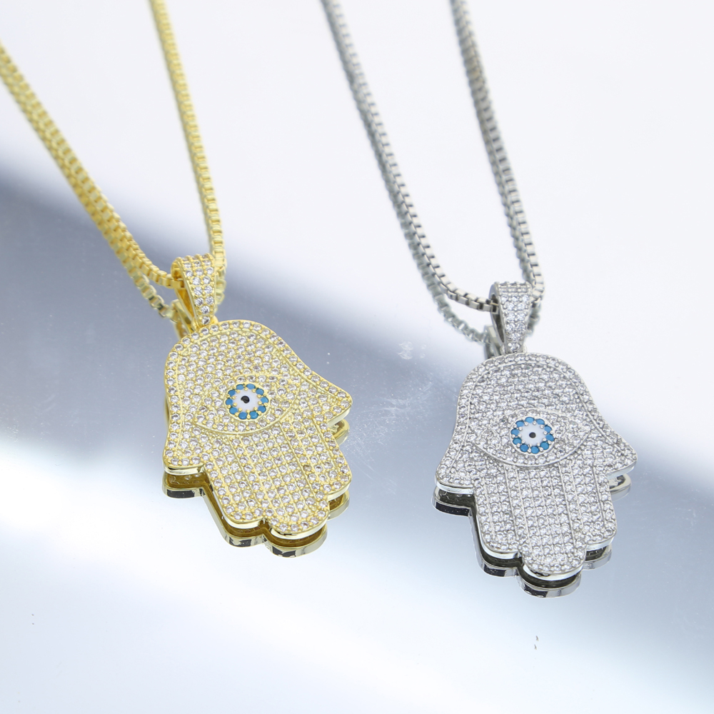 Women wholesale hip hop necklaces jewelry with blue cz paved hamsa hand charm pendant necklace with box chain paved jewelry