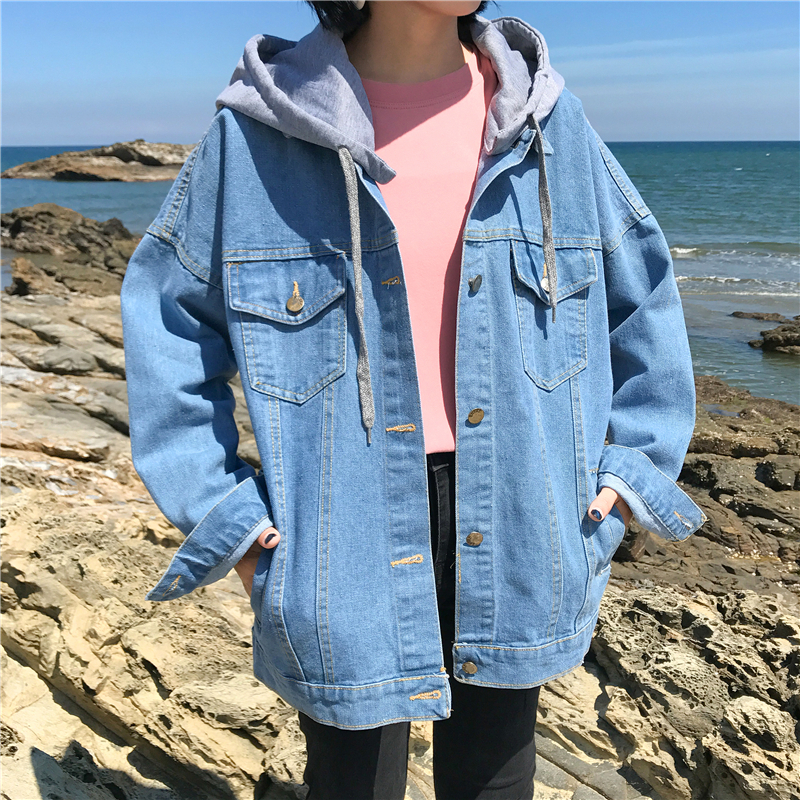 Women's Denim Jacket Oversized Hooded Jeans Jacket With Removable Hood Boyfriend Style / 201017