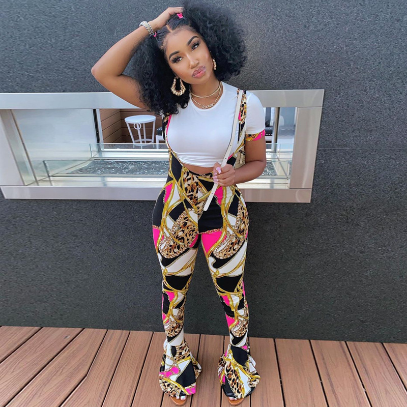 ANJAMANOR Fashion Printed Overalls Fall Clothes for Women Sexy Club Outfits Bodycon Jumpsuit Bell Bottom Pants D16-CZ27 201007