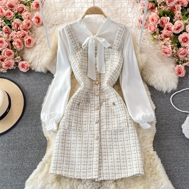Women Two Piece Set Korean Fashion Bowtied Collar White Blouse and Spaghetti Strap Single Breasted Mini Tweed Dress Suits 220216, Black
Women Two Piece Set Korean Fashion Bowtied Collar White Blouse and Spaghetti Strap Single Breasted Mini Tweed Dress Suits 220216, Black
