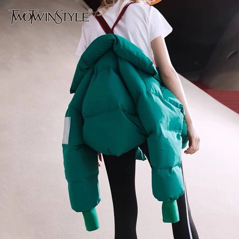 TWOTWINSTYLE Fashion Winter Cotton Coat Women Stand Collar Lantern Long Sleeve Zipper Warm Thick Female Parkas with suspender 201017