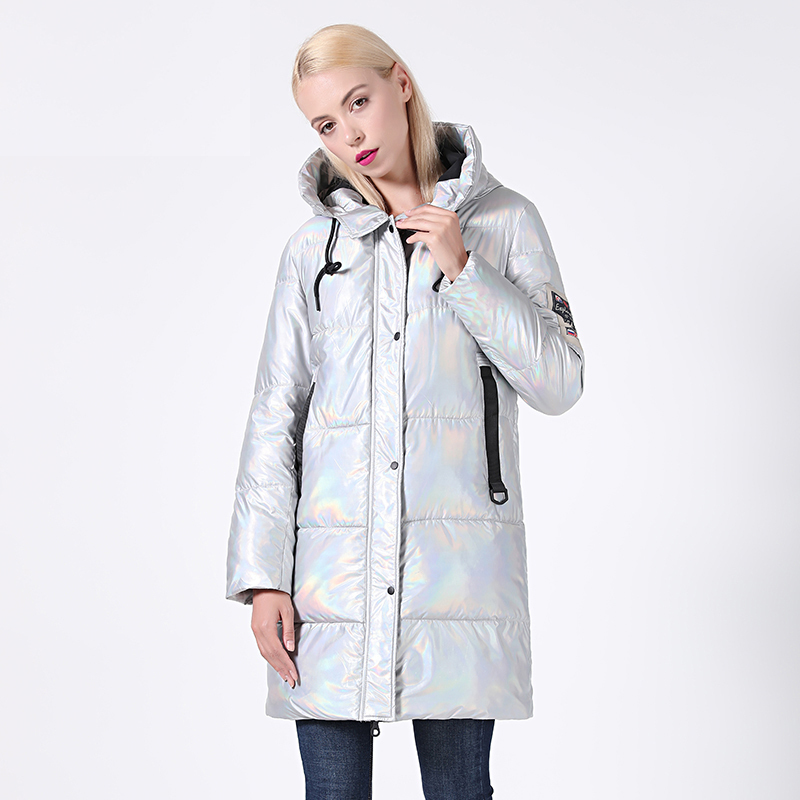 2020 New Winter Jacket Women Silver Holographic Glitter Plus Size Long Women's Winter Coat Hooded Thick Down Jacket Parka LJ201127