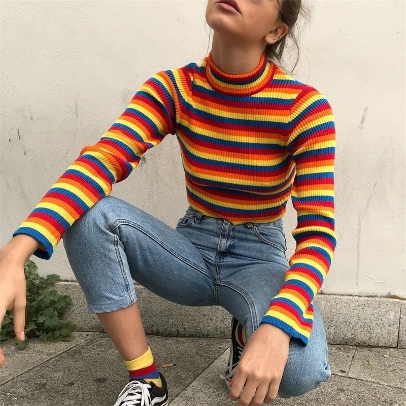 Simenual Rainbow stripes sweater jumper knitwear fashion slim sexy women's turtlenecks sweaters and pullovers colorful pull T200319