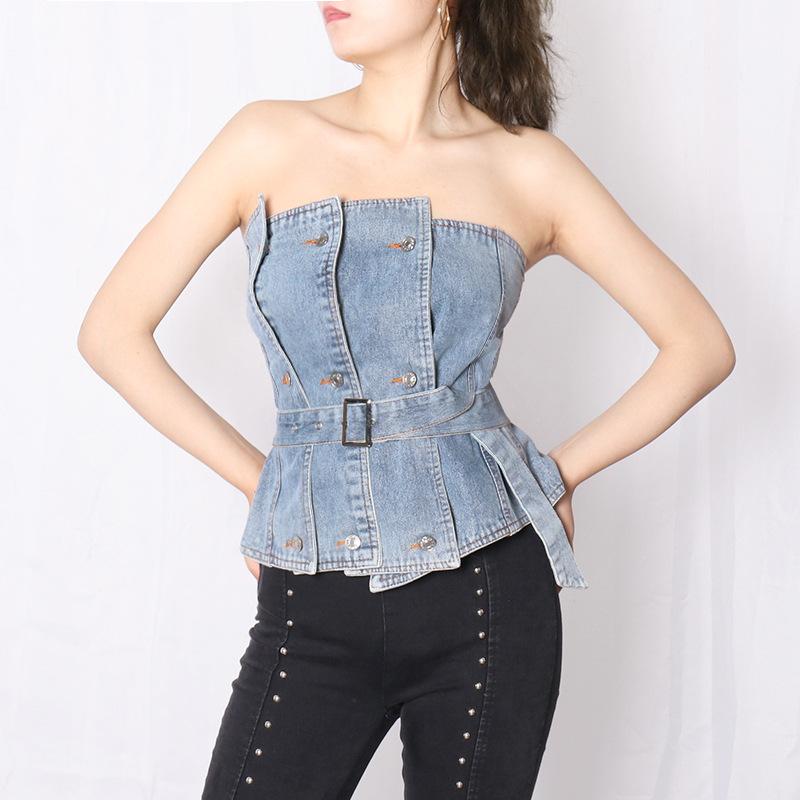 Europe Fashion Streetwear 2021 Sashes Sexy Strapless Denim Top Women' Multi-breasted Women Tube Top Cc02, Blue
Europe Fashion Streetwear 2021 Sashes Sexy Strapless Denim Top Women' Multi-breasted Women Tube Top Cc02, Blue