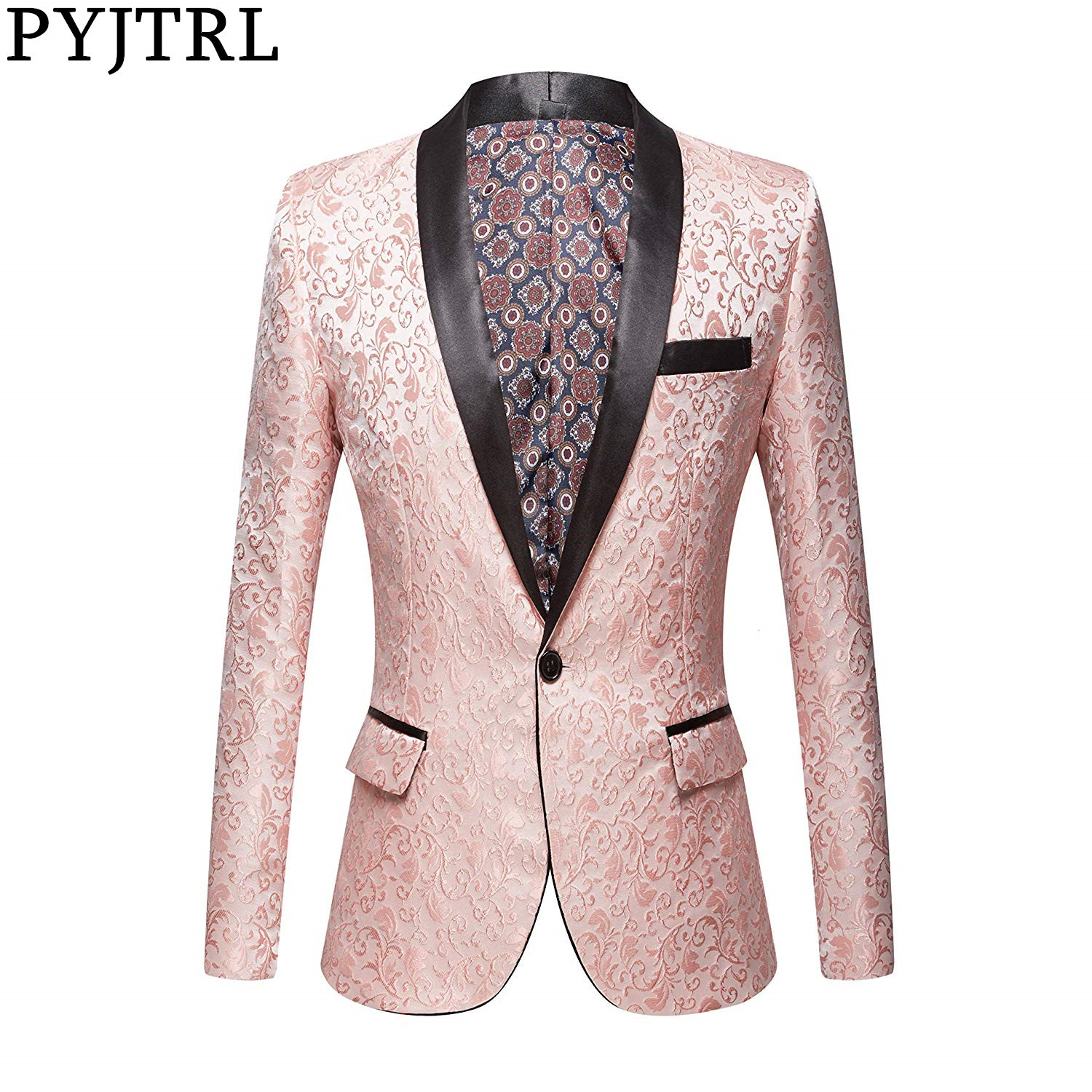 PYJTRL Men Pink Royal Blue Burgundy Floral Jacquard Suit Jacket Wedding Groom Prom Slim Fit Tuxedo Party Dinner Singers Blazers 201004