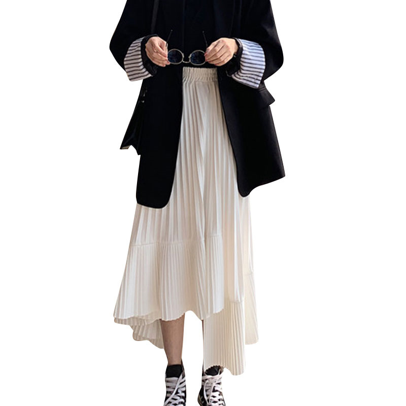 LANMREM Solid Color Elastic High Waist Stitching Ruffled Irregular Pleats Woman Skirt Simple Fashion Autumn New TV518 T200324