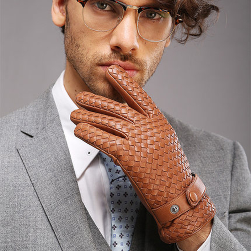 Gloves Fashion for Men New Highend Weave Genuine LeatherSolid Wrist Sheepskin Glove Man Winter Warmth Driving15193242