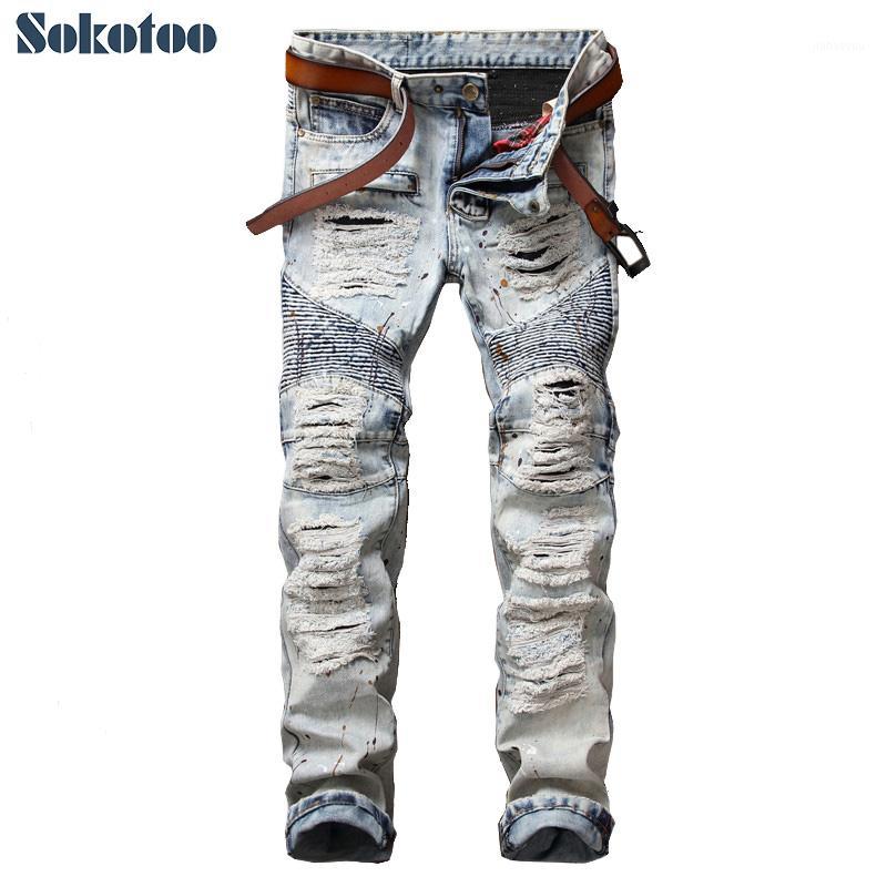 Sokotoo Men's casual painted holes ripped biker jeans for moto Vintage light blue slim straight denim pants Long trousers1
Sokotoo Men's casual painted holes ripped biker jeans for moto Vintage light blue slim straight denim pants Long trousers1
