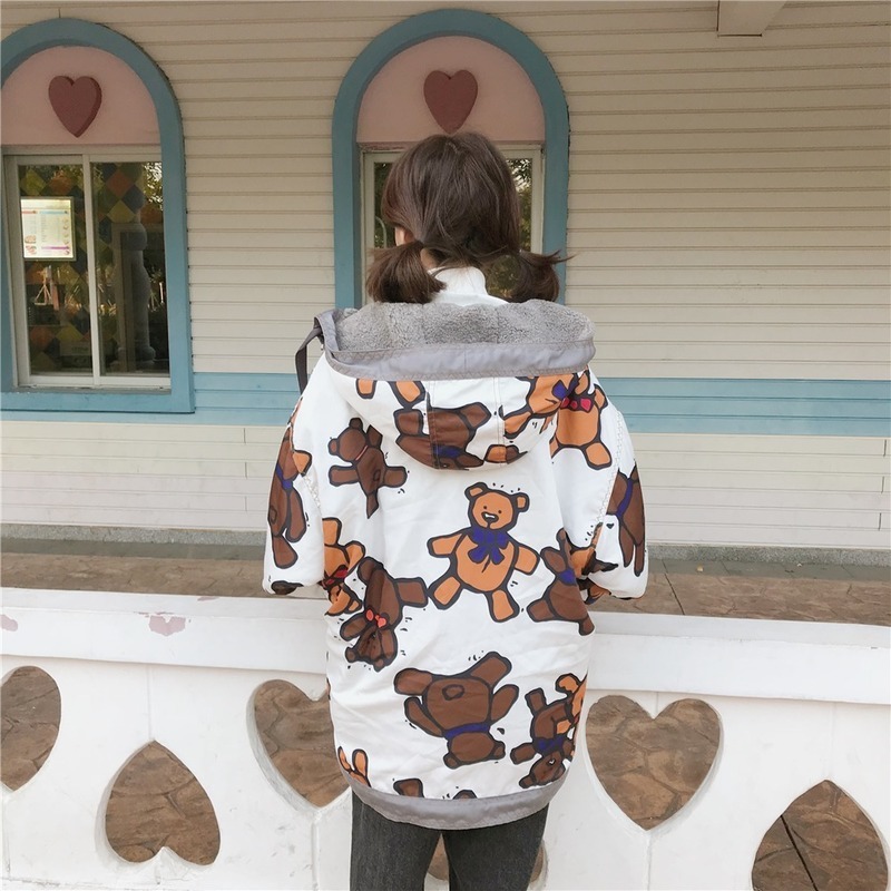 Cute Bear Print Allmatch Casual Cotton Coats Women on Both Sides Wear Coat Kawaii Soft Warm Loose Harajuku Jacket Autumn Winter 201027