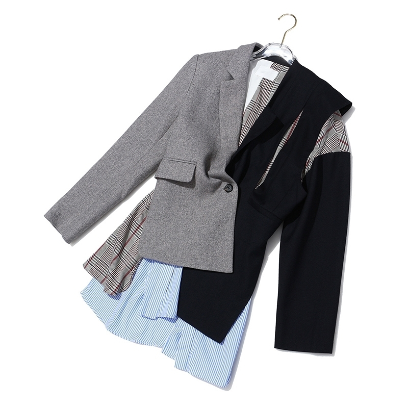 EAM Women Gray Plaid Striped Split Joint Blazer Lapel Long Sleeve Loose Fit Jacket Fashion Spring Autumn 1T134 201114