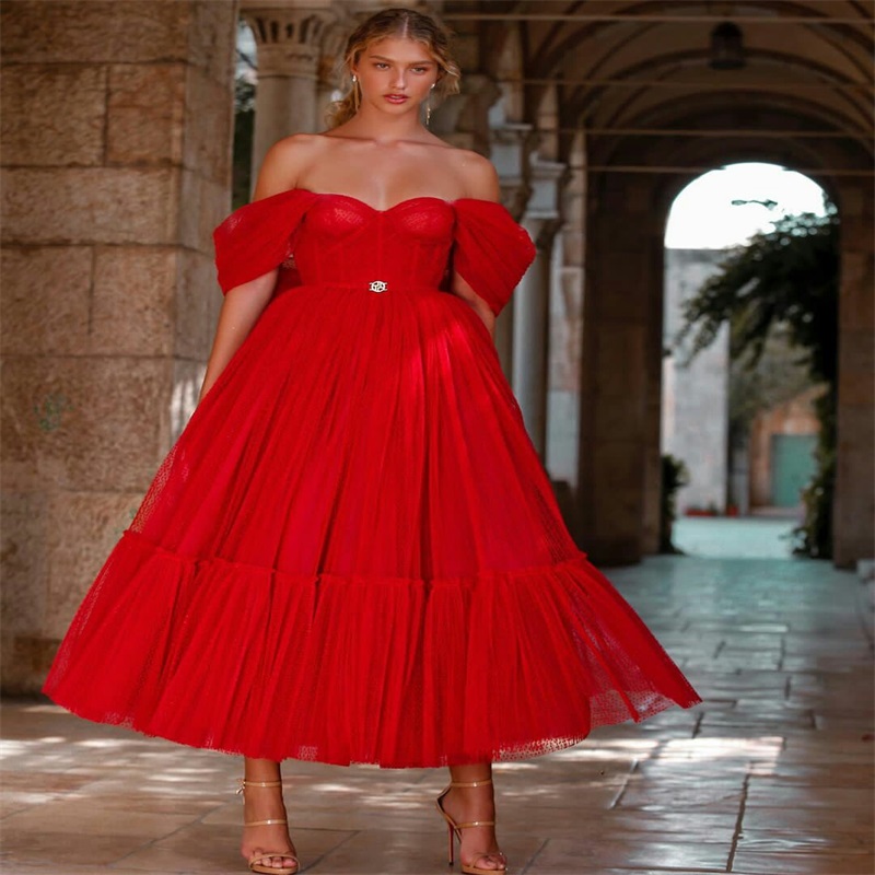 Red Dot Evening Dresses Fashion Design Off Shoulder A Line Prom Dresses Custom Made Sweep Train Soft Tulle Formal Party Gown