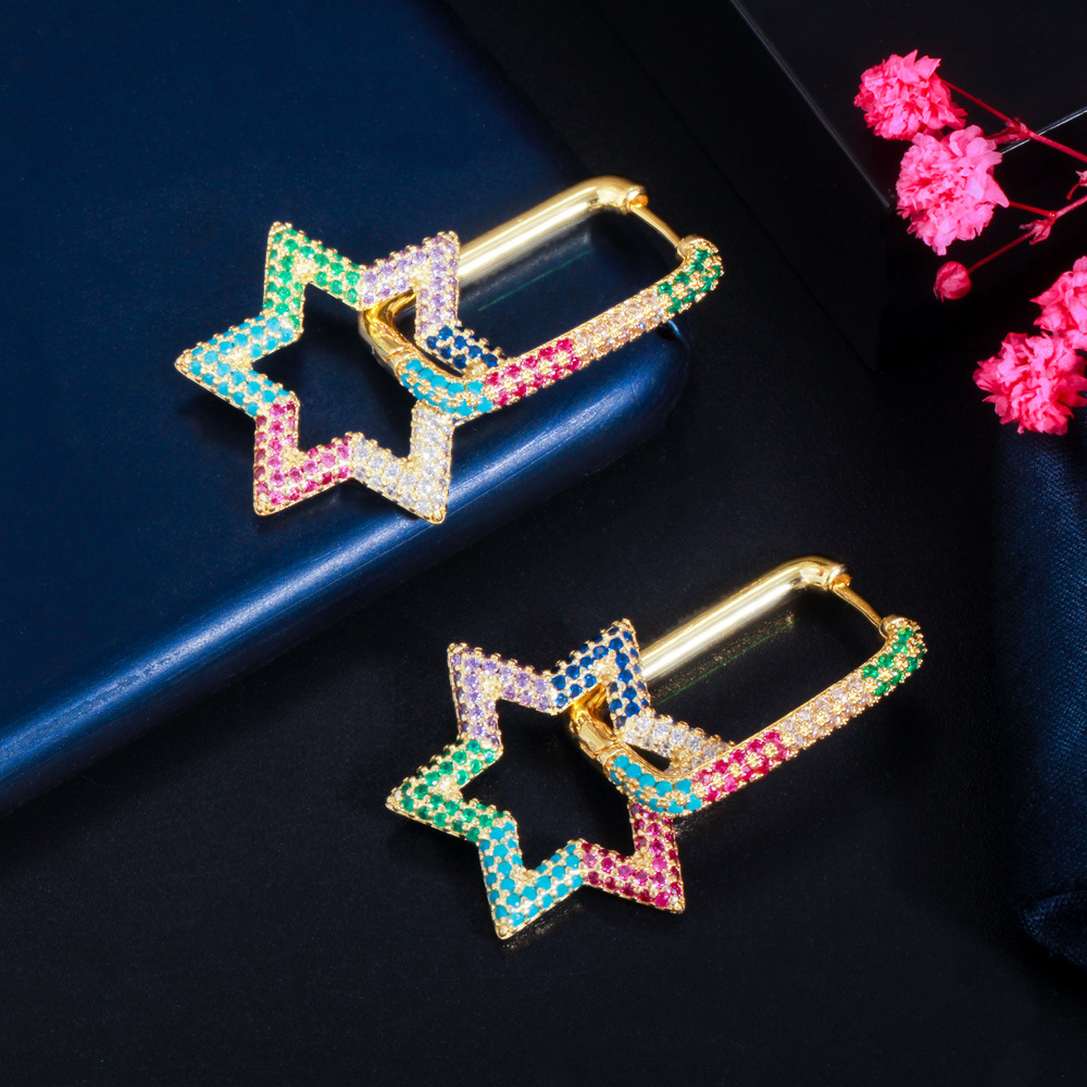Shining Bling Full Colorful Zircon Hexagonal Dangle Drop Earrings Real Gold Plated Star Earring Jewelry No Fading