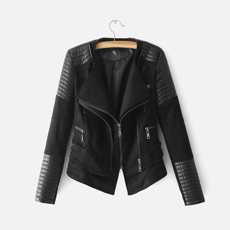 Suede Patchwork PU Leather Women Coat Double Turndown Collar Zipper Female Jackets Autumn Winter Fashion Ladies Coats 201226
