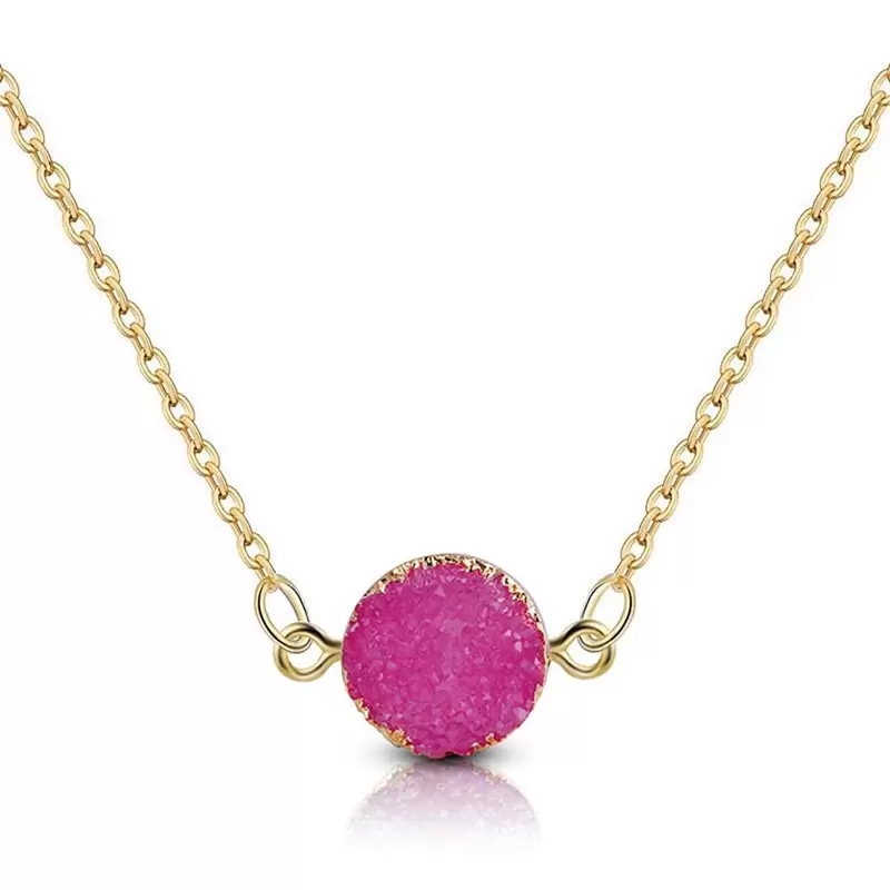 Elegant Round Druzy Resine Stone Necklace for Women Gold Sapphire Quartz Circle Charm Necklaces Round Flat Back Dome Cabochons Chain Jewelry Gift