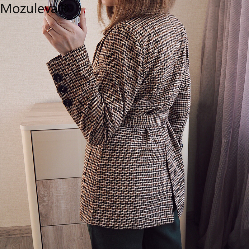 Mozuleva Korean Plaid Women Work Blazer Jacket Casual Double-breasted Sashes Suit Jacket Female Slim Female Blazer Outwear 201008
